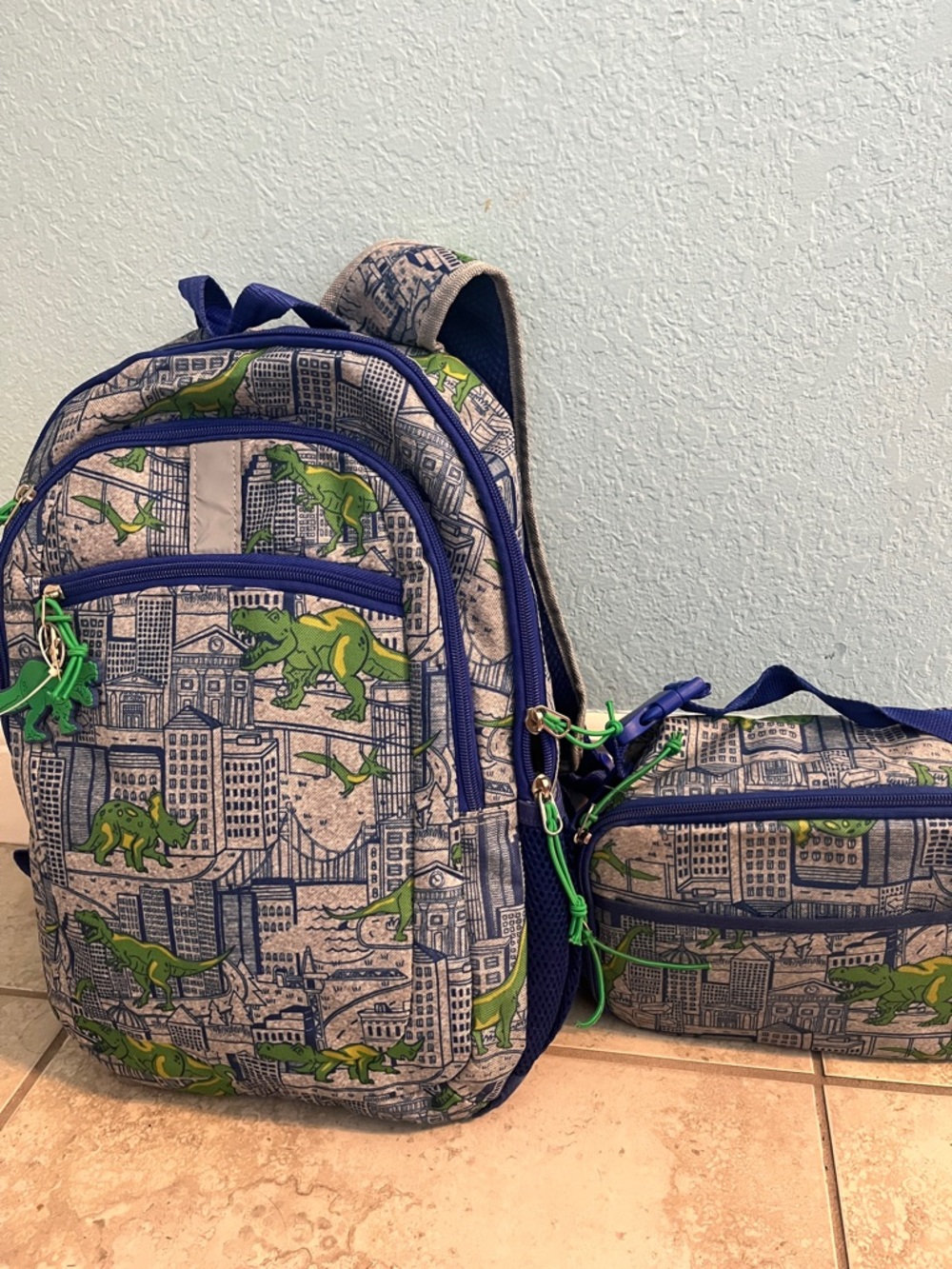 Skip Hop Gray & Blue Kids Backpack and Lunch Bag with Green Dinosaur Print